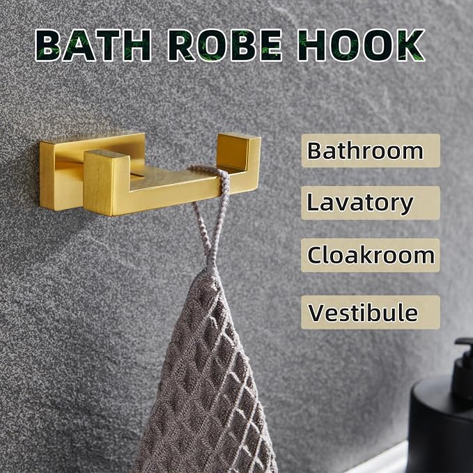 APLusee Double Robe Towel Hook Brushed Dark Gold, 304 Stainless Steel Bathroom Hand Towel Holder, Clothes Wall Hanger for Toilet Kitchen Cabinet