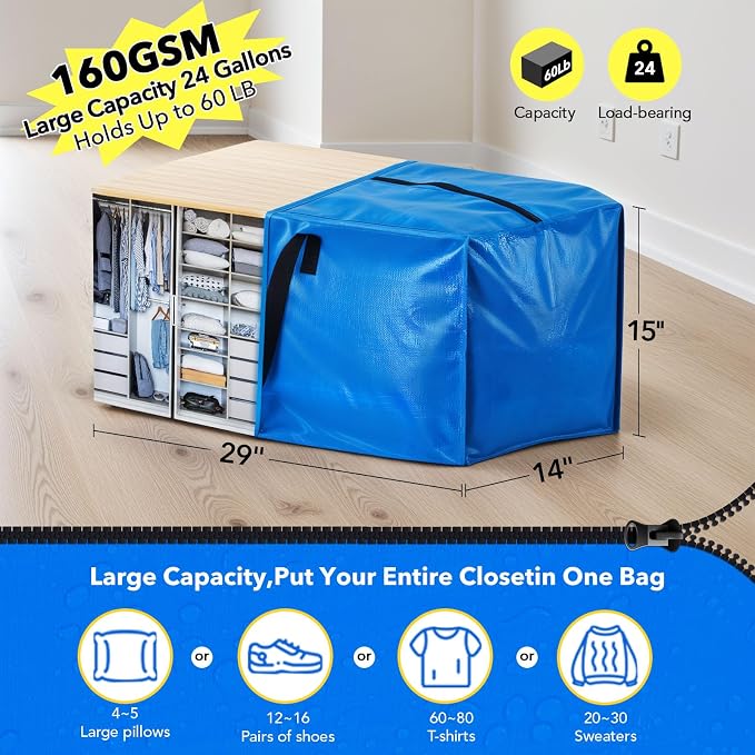 Moving Bags Heavy Duty,Extra Large Moving Bags for Travel/College Packing/Storage/Organization/Seasonal Clothes & Bedding Storage,Moving Supplies Bins,Compatible with Ikea Frakta Cart (Blue,6 Pack)
