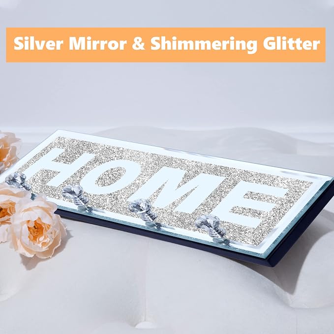 SHYFOY Crystal Clear Hooks Key Holder Key Hanger, Sparkly Mirrored Home Letters Plaque Sign for Decor, Silver Mirror Decoration Wall Art, Wall Mounted Home Decor