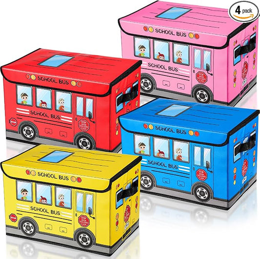 Sweetude 4 Pcs Prize Box for Classroom, School Bus Treasure Box Foldable Chest Storage Box Kids Toy Chest with Lid Treasure Storage Organizer Bin for Teachers Students Awards (Yellow, Pink, Red, Blue)