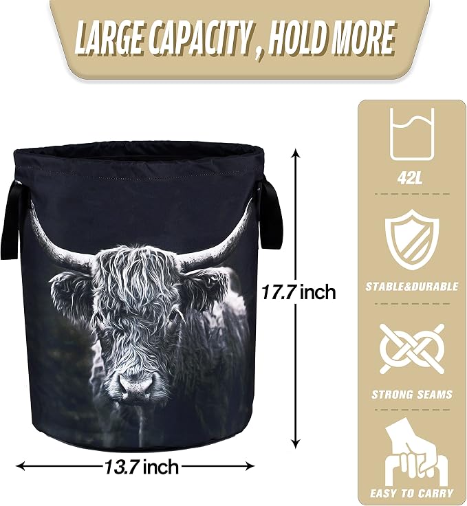 Highland Cow Laundry Basket Animal Foldable Oxford Cloth Funny Tote Bag Laundry Hamper Clothes Storage Bucket Organizer For Bathroom/Laundry Storage/Bedroom Storage Basket 18.9x16.5 Inch