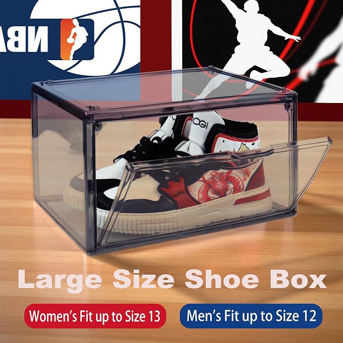 Acrylic Shoe Organizer，Sneaker Acrylic Display Case Size 13 for Men/Women Shoe Box Clear Box Stackable Storage Bins with Magnetic Door，Grey 1 Pack
