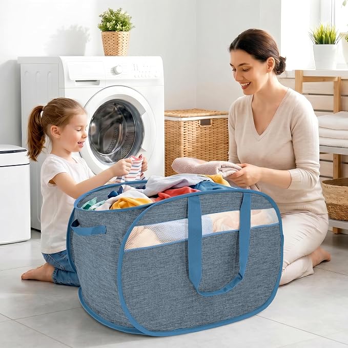 100L Collapsible Laundry Baskets, Foldable Dual Handles Laundry Hamper Blue | Lightweight, Easy to Carry, Up and Downstairs, Tear-Proof, Space-saving, for Laundry Room, Bedroom, Bathroom, Travel, Dorm