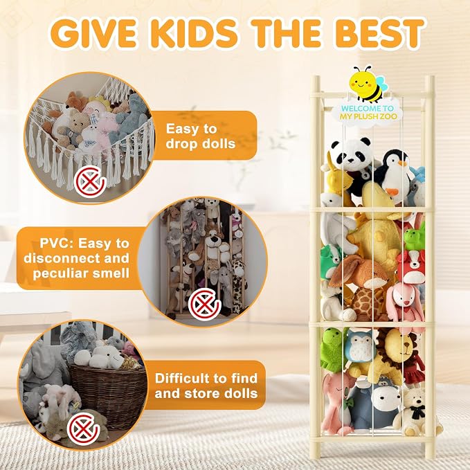 Stuffed Animal Storage Zoo Organizer Natural Pine Plushies Storage with Elastic Bands Vertical Wood Toy Holder Mesh Net Space Saving Design for Playroom Nursery Kids Bedroom