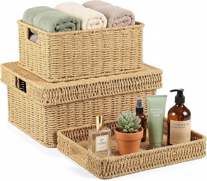Wicker Storage Basket with Lid - Woven Storage Basket for Organizing,Rectangular Decorative Boxes Bins with Lids for Shelves, living room, Nursery, 2-Piece Set(Natural)