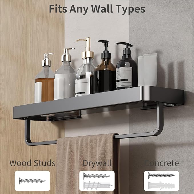 Danpoo 16-Inch Black Floating Bathroom Shelves with Towel Bar， Clear Tempered Glass Wall Shelf 2-Pack – Versatile Bathroom Organizer Set
