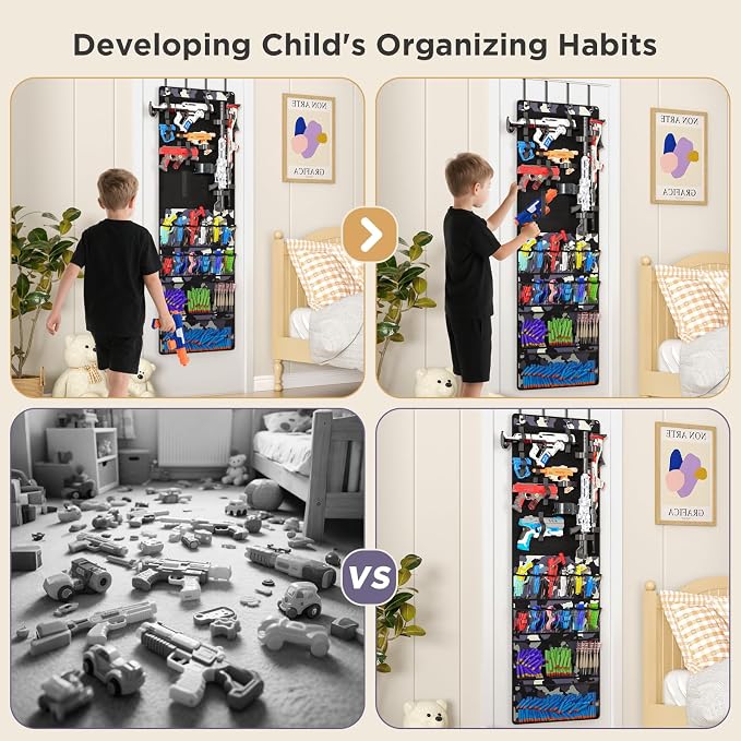 Over the Door Organizer for Toy Guns, Hanging Toy Guns Storage Organizer with Pockets and Slots for Kids Foam Blasters, Darts, Goggles, Toys Storage Door Hanger for Kids Rooms, Game Rooms, Camouflage