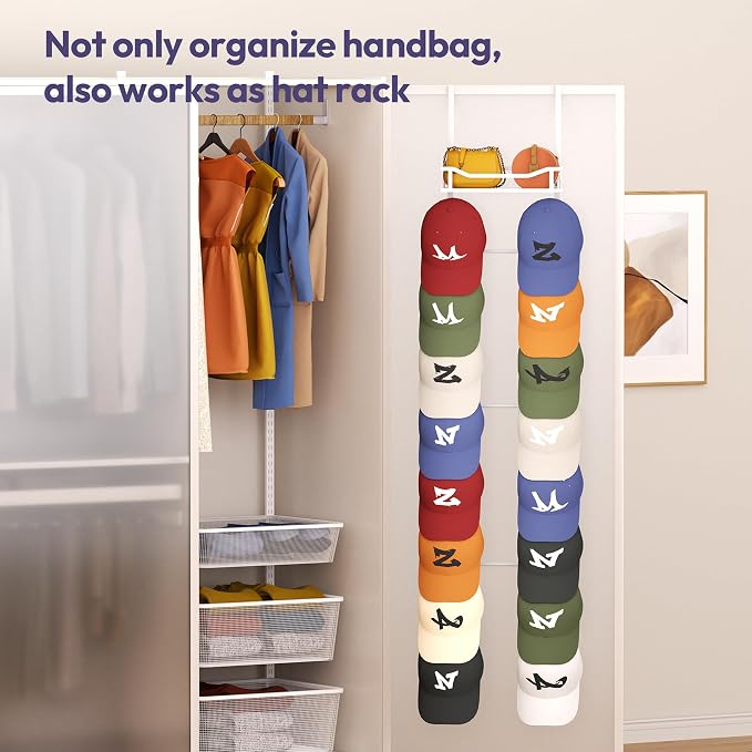 SWTYMIKI Over The Door Purse Organizer - Wall Mounted Purse Rack with 16 Hooks and Metal Basket, Handbag Hanger Organizer Holds up to 16 Bags, Bag Rack Can Use As 1/2 Part, for Door, Closet