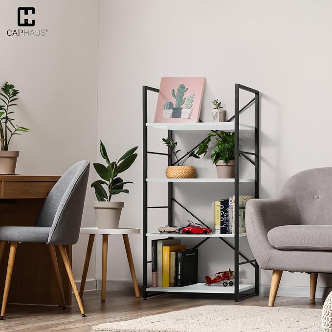 CAPHAUS 4 Tier Bookshelf, 24 Inch Width Free Standing Shelf, Bookcase Shelf Storage Organizer, Industrial Book Shelves for Home Office, Living Room, Kitchen, White Shelves & Metal Frame