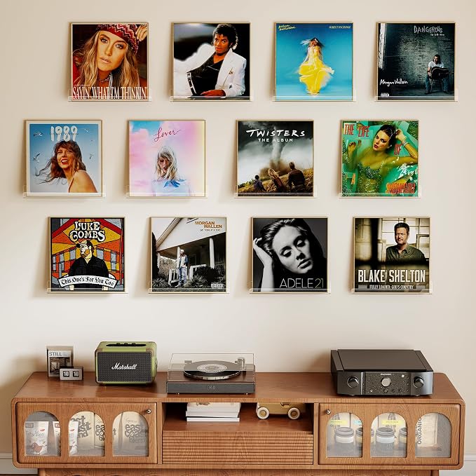 Laurensory Vinyl Record Wall Mount Shelves, 12 inch Vinyl Holder, 12 Pack | Clear Acrylic Floating Shelves for Album Record Storage Display, Wall Decor, Magazine Rack, Kids Bookshelf, Picture Ledge