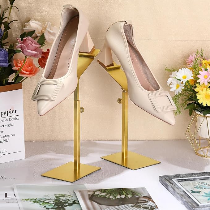 Therwen 4 Pcs Gold Shoe Display Stand Shoe Rack Stainless Steel Golden Metal Riser High Heel Display Rack Holder for Home Shopping Malls (Square Shape,Golden)