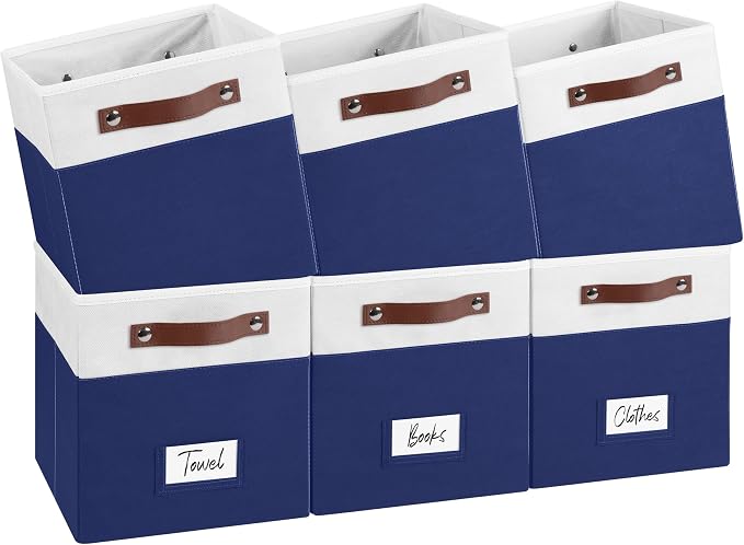 FinishingBo 6-Pack Storage Cubes with Handles & Label Holders Basket, Closet Cube Home Organizer Bins(White/Blue, 10.5 * 10.5 * 11 inch)
