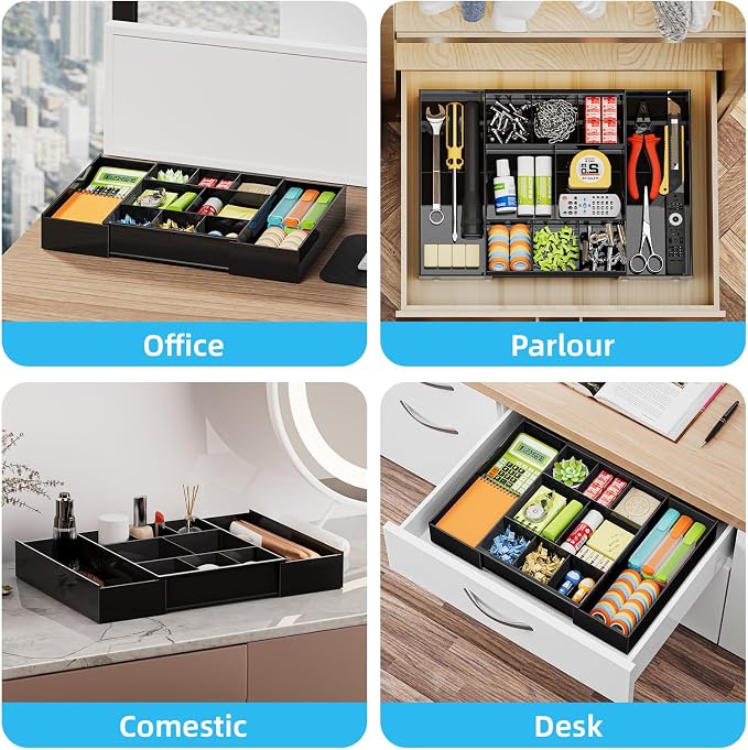 Marbrasse Expandable Desk Drawer Organizer, Clear Plastic Drawer Organizer Tray with 10 Adjustable Compartments, Desk Organizers and Accessories, 5 Drawer Dividers for Office Supplies, Makeup(Black)