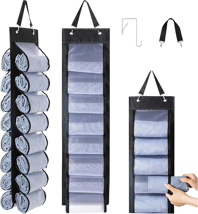 DHSFKBE Legging Organizer Storage - 2PCS T Shirt Organizer, Hanging Closet Organizers and Storage with 16 Roll Independent Compartments for Yoga Pants, Towel, Bathing Suit (Black)