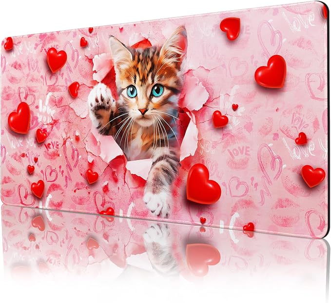 Lokigo Large Mouse Pad, Cute Pink Desk Mat for Desktop, Women Girls Waterproof Desk Mouse Pad, Love Cat Computer PC Laptop Protector Writing Pads for School Office Home 31.5" x 15.7"