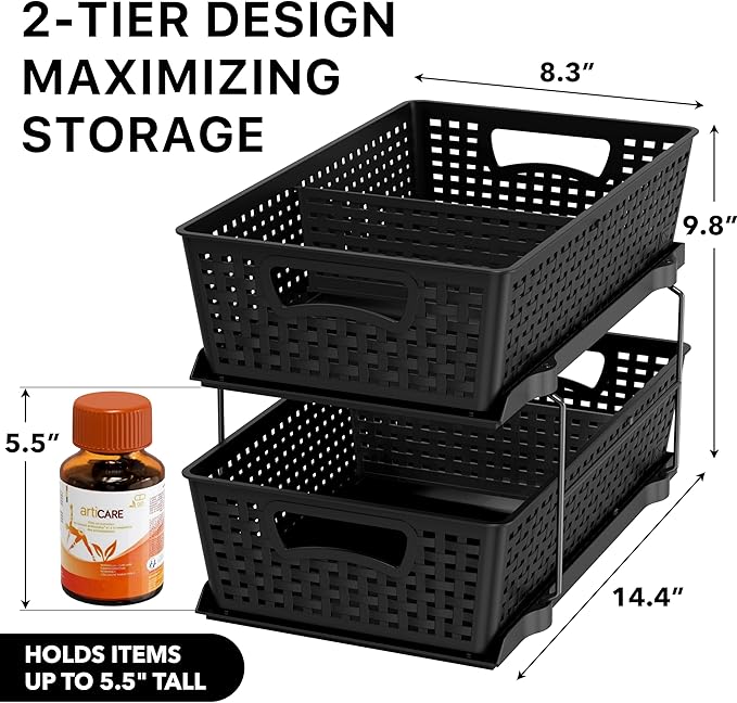 Simple Houseware 2 Tier Pull-Out Sliding Drawer Under Sink Storage, Black | Great for Kitchen Bathroom Tray Shelf Organizer
