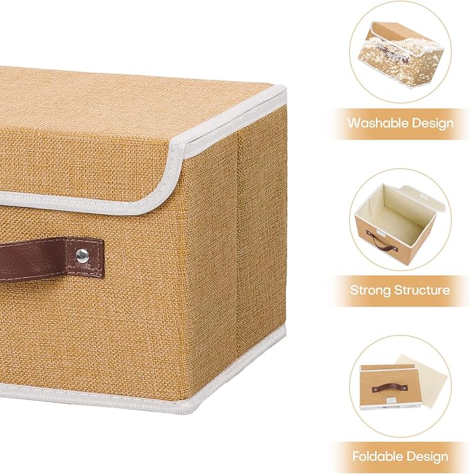 ANMINY Storage Bin with Lid Storage Boxes with PU Leather Handles PP Plastic Board Decorative Foldable Lidded Cotton Linen Fabric Home Cubes Baskets Closet Organizer Container - Khaki, Small Size