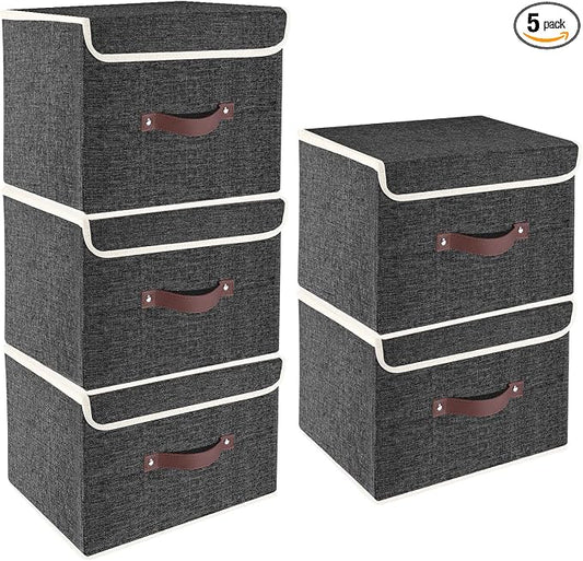 TYEERS Foldable Storage Boxes with Lids 5 Pack Fabric Storage Bins with Lids, Closet Organizers for Clothes Storage, Room Organization, Office Storage, Toys - Black