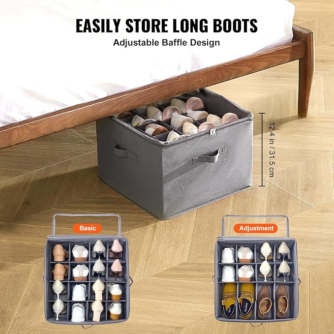 VEVOR Under Bed Shoe Storage Organizer, 1 Pack, 16 Compartments, Underbed Shoe Box Storage Containers Adjustable Dividers, Sandal Organizer Storage with Clear Window, Breathable, Reinforced Handles