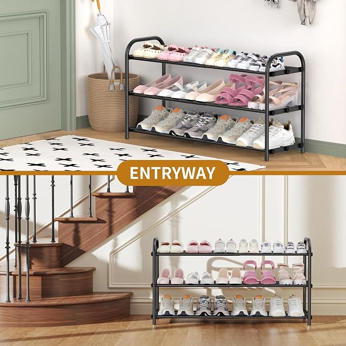 Hleelomi 3-Tier Expandable Shoe Rack for Entryway，Adjustable Metal Shoe Organizer for Closet,Living Room,Dorm,Black