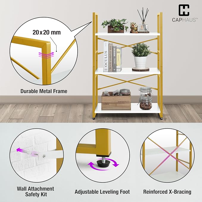CAPHAUS 2 Tier Small Bookshelf, 24 Inch Width Free Standing Shelf, Bookcase Shelf Storage Organizer, Industrial Book Shelves for Home Office, Living Room, White Wooden Shelves & Gold Frame