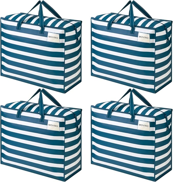 VENO 4 Pack Heavy Duty Moving Bags, Storage Bags, Packing Supplies, Top Zipper, Storage Totes for Camping, Clothes, Bedding, Comforters, Pillows (22 Gallon, Classic Navy Stripe, 4 Pack)