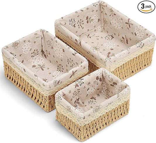 Amaredom Floral Wicker Baskets, Handwoven Multi-size 3-Pack Storage Baskets Set, Perfect For Home Organizing, Storage and Décor - Beige