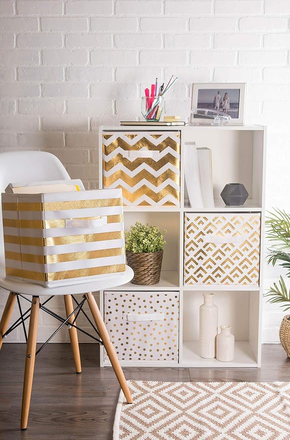 DII Non Woven Polyester Storage Bin, Polka Dot, White & Gold, Small Set of 4 (Pack of 6)