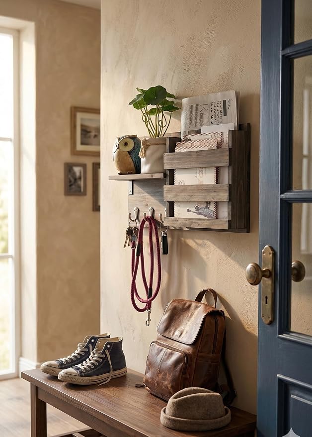 Wall-Mounted Key Holder Hooks - Rustic Wood Weathered Grey & Black - Entryway Organizer for Mail, Leashes, and Purses - Floating Shelf, 16.5” W x 9.75" H x 4.5” D