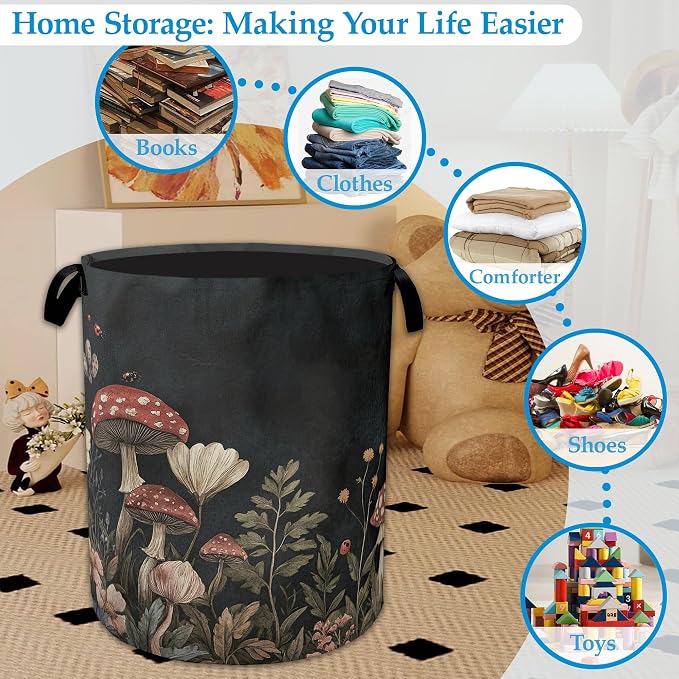 Mushrooms Forest Laundry Basket Collapsible Laundry Hamper, Oxford Cloth Storage Bin for Room/Bathroom/Bedroom/Dormitories 16" X 20.8"