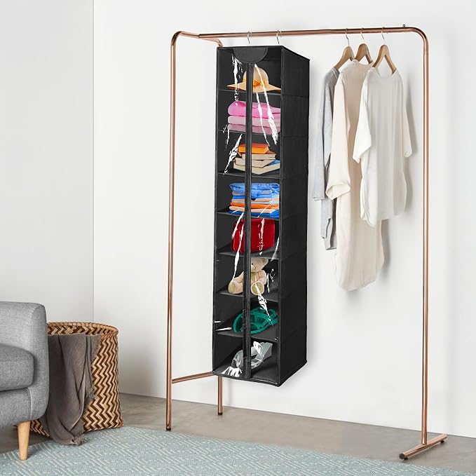 8 Tier Clear PVC Hanging Organizer With Zipper, Sweater Storage Shelves With Cover, Shoe Organizer for Closet, Black