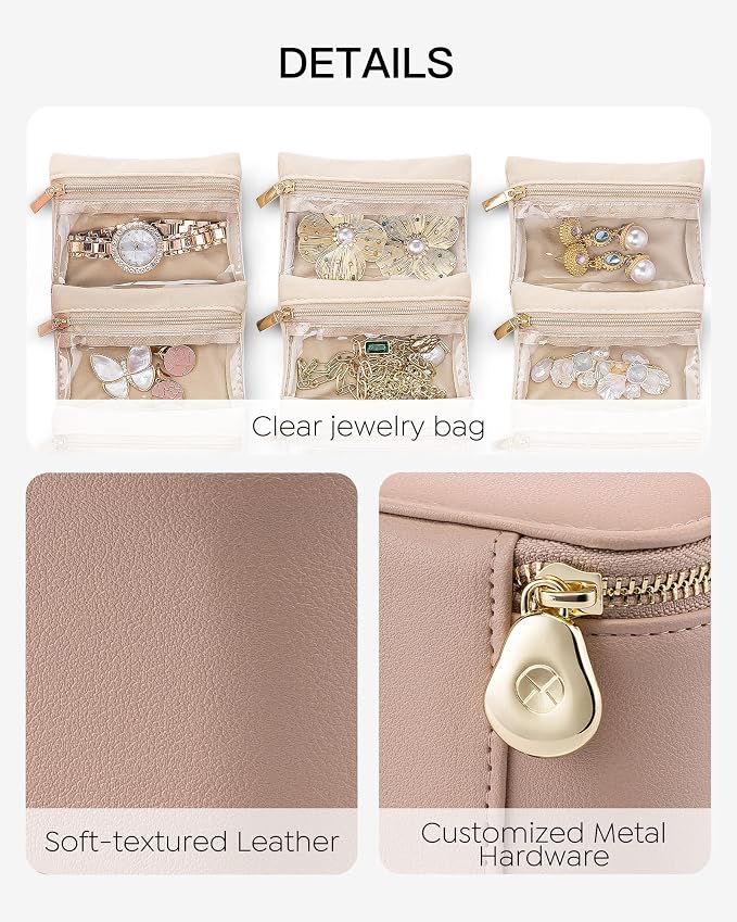 VLANDO Jewelry Box with 12 Velvet Jewelry Bags Travel Jewelry Case for Girls Jewelry Organizers Necklace Rings Earrings Storage Bags Mother Gifts Bridal Shower Gifts- Khaki