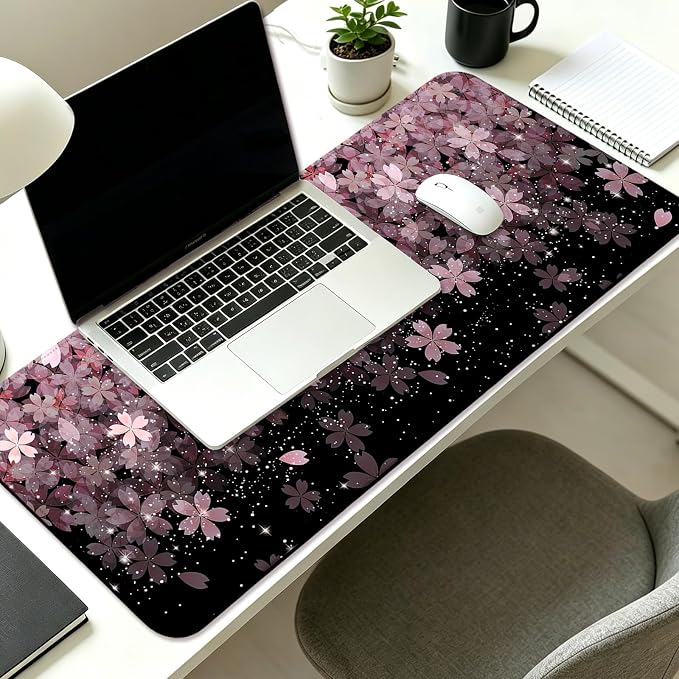 Japanese Cherry Blossom Gaming Desk Mat, Computer Keyboard Large Extended Flowers Mouse Pad for Office and Home, 31.5×11.8 Inches, XL, Black