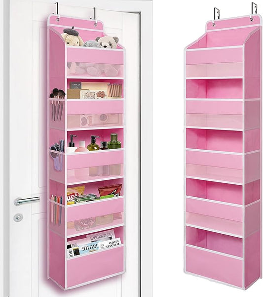 TYMENSH Pink Over Door Organizer with 5 Large Clear Pockets and 6 Side Mesh Pockets, Anti-Tilt Hanging Door Storage for Nursery, Bedroom, Bathroom, Closet, Toys, Baby Essentials