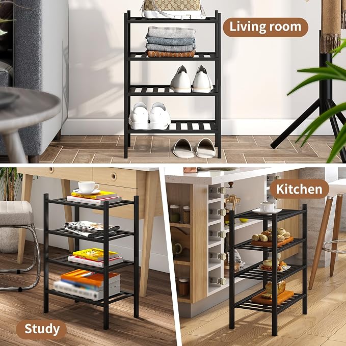 Bamboo Shoe Rack Stackable Shoe Shelf Storage Organizer for Unit Entryway Hallway and Closet Sturdy Freestanding Small Shoe Shelf(4S Tier Black)