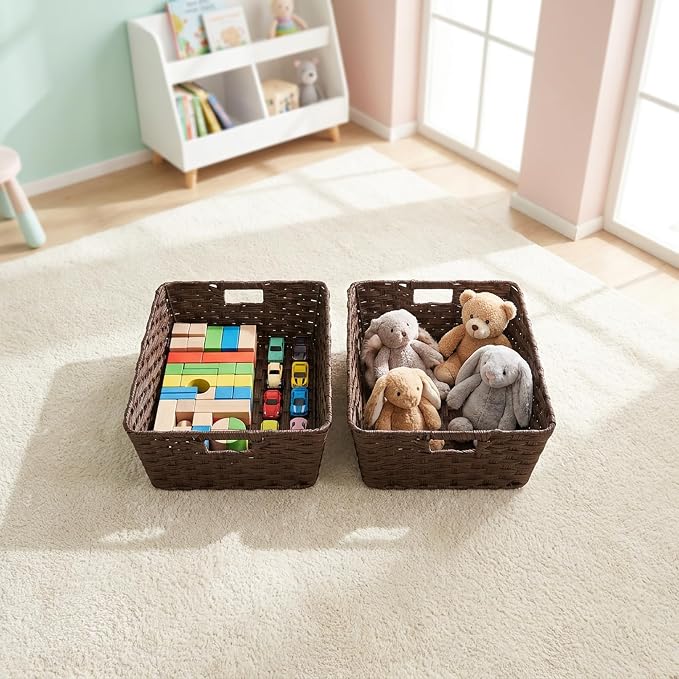 Large 2-Pack Plastic Wicker Storage Baskets, 17"x13"x5.5", Brown | Versatile woven bins for laundry, closet, living room, shelf organization, and even a cat bed – perfect home storage decor.