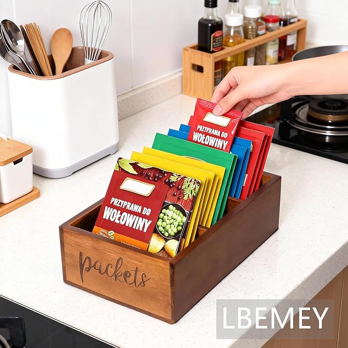 LBEMEY Packet Organizer, Acacia Wood Packet Storage Organizer with 3 Compartments,Farmhouse Kitchen Organization for Spice, Gravy, Taco, and Dressings Packets for Kitchen, Brown Labeled Packets