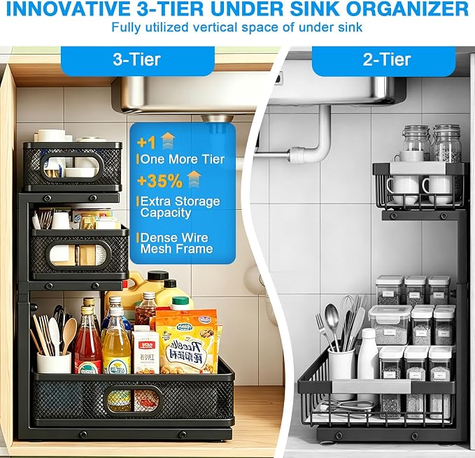Under Sink Organizer, 1-Pack 3-Tier Thickened Metal Pull out Cabinet Organizer Shelf, Height Adjustable Slide out Storage Drawer Rack for under sink organizer bathroom Kitchen,Laundry Room & Pantry | Space-saving cabinet organizer, solid build, easy as...