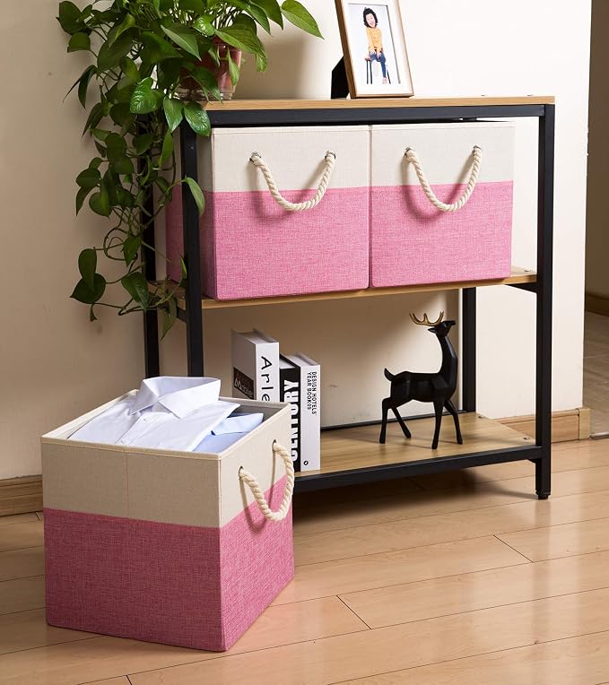 PRANDOM Large Foldable Cube Storage Bins 13x13 inch [2-Pack] Fabric Linen Storage Baskets Cubes Drawer with Cotton Handles Organizer for Shelves Nursery Closet Bedroom Pink