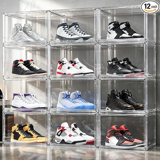 12 Pack Clear High-Top Sneaker Storage Boxes, Acrylic Shoe Organizer | Extra height 10.6'' for high-top sneakers & athletic footwear Size 11.Stackable display design keeps collections organized