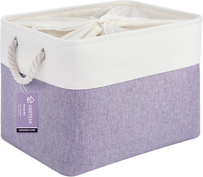 Large Storage Baskets- 16x12x12 inch Storage Bins for Shelves and Closet Organizing, Foldable Fabric Bin for Home Organization Clothes and Laundry (1-Pack, White&Purple)