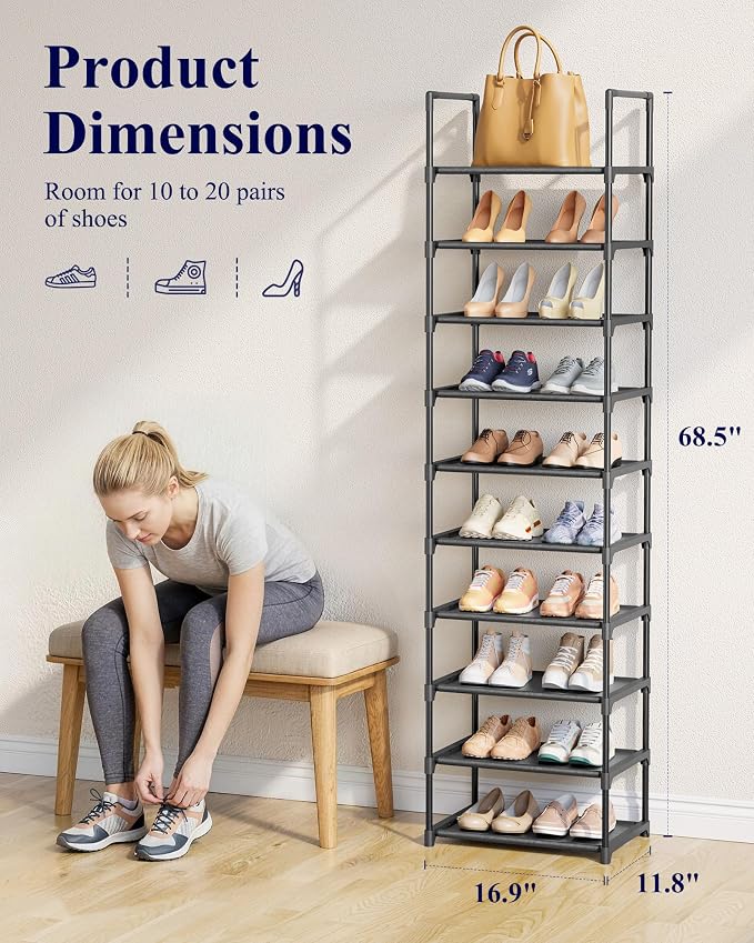 Kitsure Shoe Rack - 10-Tier Shoe Organizer with Detachable Fabric Shelves & Metal Frame, Tall Shoe Rack for Closet, Entryway, Living Room, 16.9" Wide - 10 Tier, Black