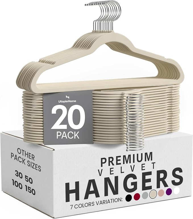 Utopia Home Velvet Hangers, 20 Pack, Ivory | Luxury Non-Slip Slim Pant & Coat Hangers, Strong Space-Saving Clothes Hangers with Pants Bar and 360° Swivel Hook