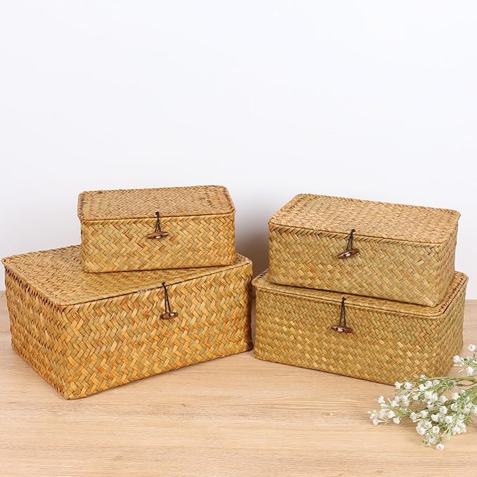 FEIALNDUO Wicker Shelf Baskets with Lid,Seagrass Storage Basket Bins Rectangular Handwoven Basket Boxes for Shelves Desktop Home Organizer (Natural, Large)