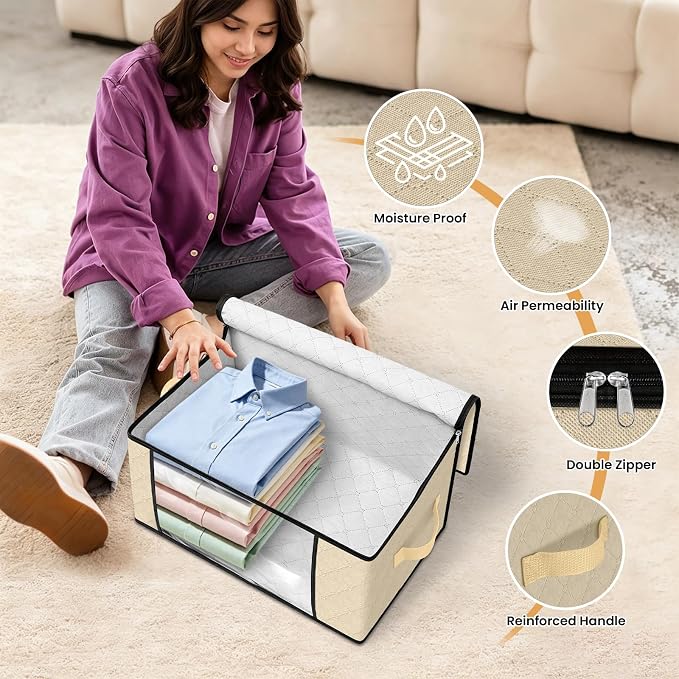 Fab totes 35L Closet Organizers and Storage, Foldable Under Bed Storage Containers, Storage bags for Organizing Bedroom, Closet, Clothing,Organization with Handle (3 Pack,Beige)