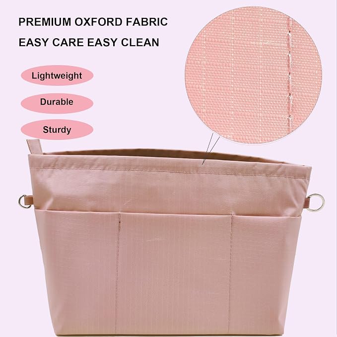 Handbag Tote Purse Organizer Insert, Small, Pink | Bag Divider Liner Shaper Separator in Bag with Zipper, 11 Pockets Compartments
