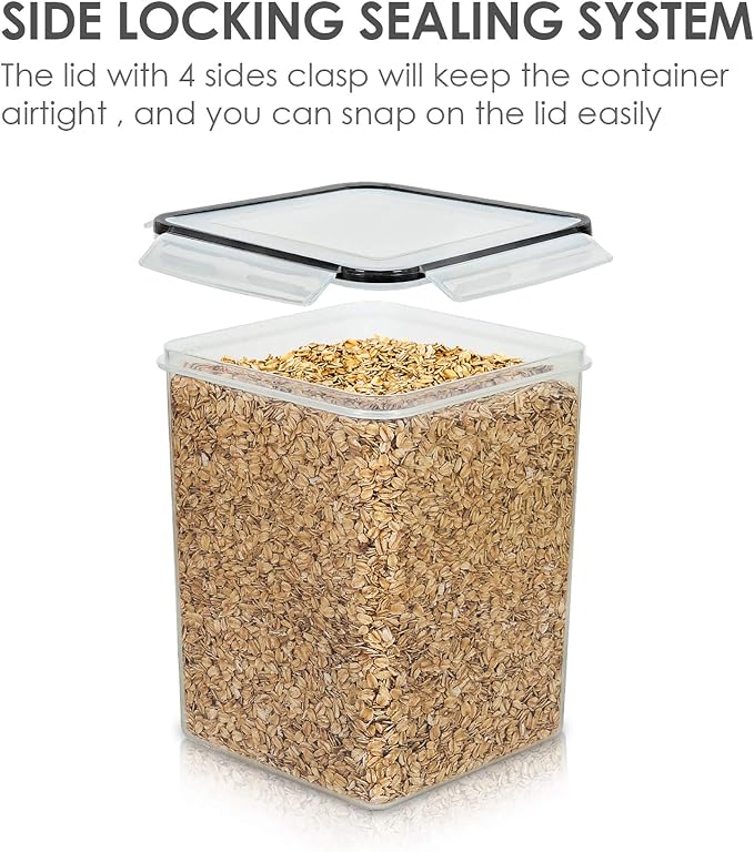 Vtopmart 4 PCS Large Food Storage Containers 5.2L / 175oz, 4 Pieces BPA Free Plastic Airtight Canisters for Flour, Sugar, Baking Supplies, Rice with Lids, 4 Measuring Cups and 24 Labels, Black