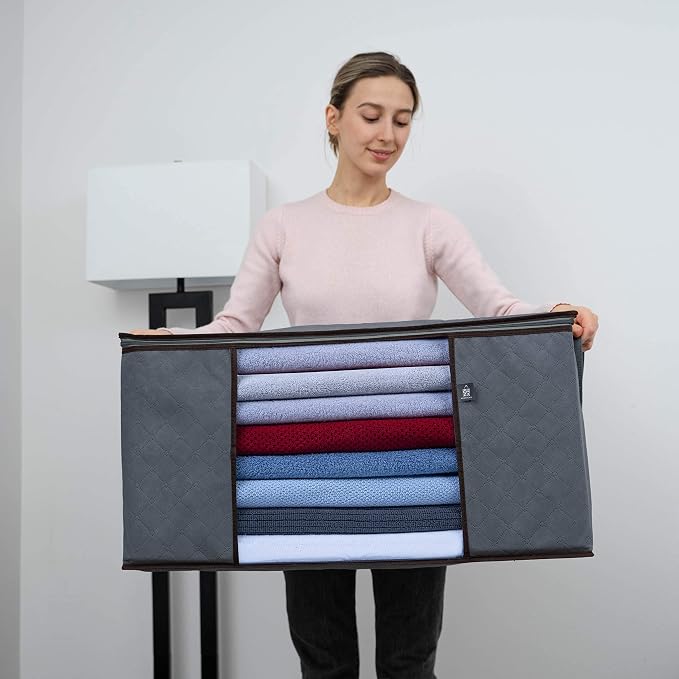VENO 3 Pack Oversize Clothes Storage Bag Organizer with Reinforced Handle, Thick Container Bins for Blankets, Comforters, Bedding, Foldable with Sturdy Zipper, Clear Window, Grey, Reusable (34 Gallon)