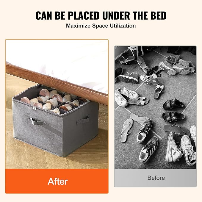 VEVOR Under Bed Shoe Storage Organizer, 1 Pack, 16 Compartments, Underbed Shoe Box Storage Containers Adjustable Dividers, Sandal Organizer Storage with Clear Window, Breathable, Reinforced Handles