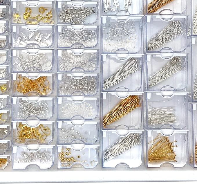 Bead Storage Solutions Elizabeth Ward Plastic See-Through Stackable 1,111 Piece Gold/Silver Assorted Costume Jewelry Findings Tray Bead Organizer